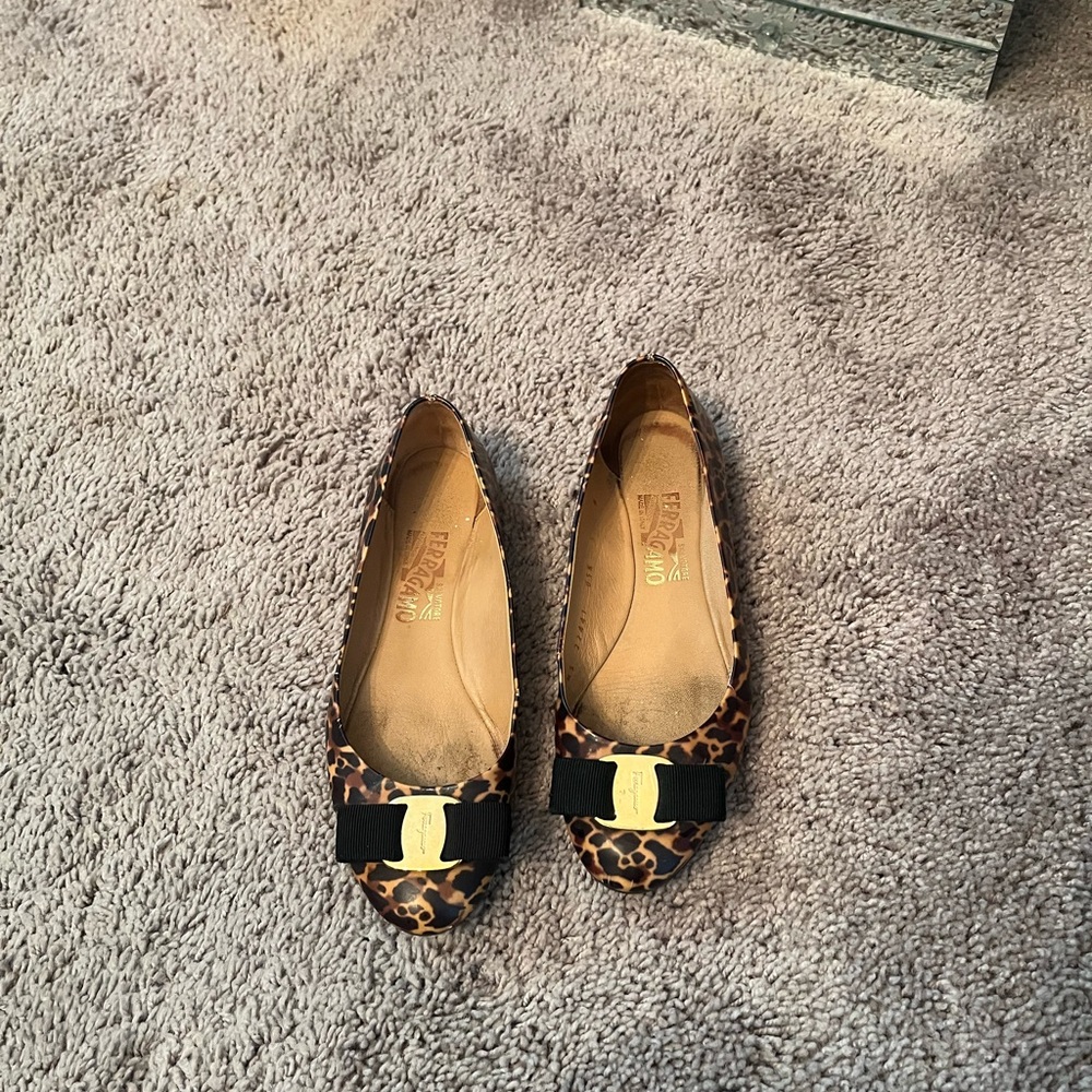Salvatore Ferragamo Leopard Print Flats with Black Bow